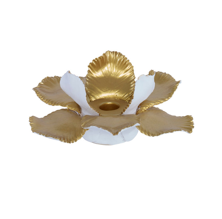 Thani Candleholder QR-21641.WHTGLD.0 by CuratedKravet CuratedKravet A hand finished porcelain candleholder. Thailand DUST LIGHTLY WITH A SOFT, DRY CLOTH. </p><p>Dimensions: Length 7.5, Height 3.15, Width 7.5 Porcelain - 100% - Fabric Carolina -