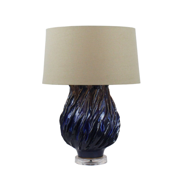 Marina Table Lamp QR-21726.BLUE.0 by CuratedKravet CuratedKravet An organically sculptural ceramic table lamp mounted on an acrylic base. Topped with a coarse linen shade. Thailand </p><p>Dimensions: Length 17.75, Height 25.25, Width 17.75 Ceramic - 60%, Linen - 30%, Acrylic - 10% - Fabric Carolina -
