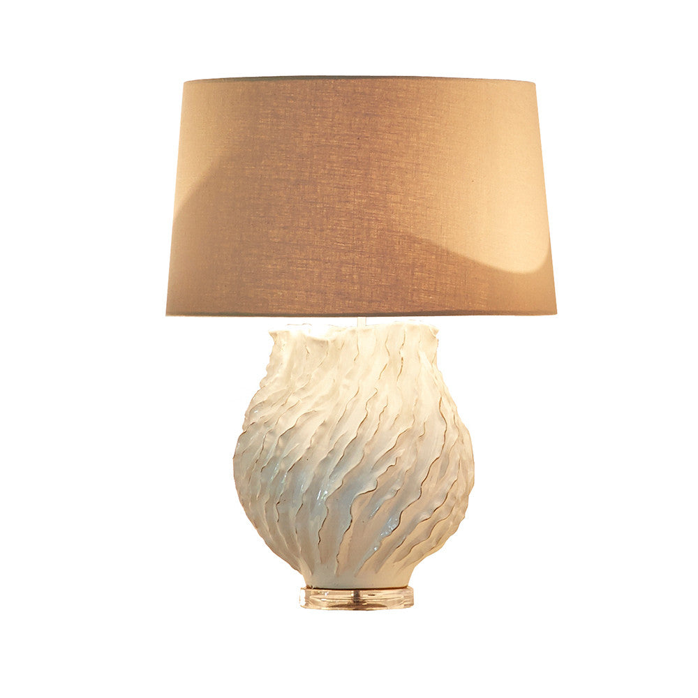 Heather Table Lamp QR-21727.WHITEGOLD.0 by CuratedKravet CuratedKravet An organically sculptural ceramic table lamp with an acrylic base. Topped with a coarse linen shade. Thailand </p><p>Dimensions: Length 17.75, Height 25.25, Width 17.75 Ceramic - 60%, Linen - 30%, Acrylic - 10% - Fabric Carolina -