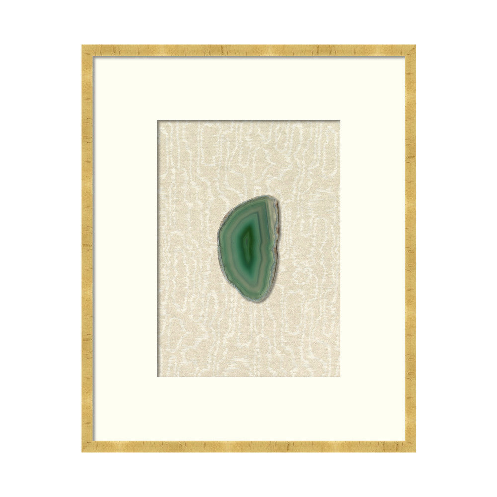 Emerald Geode Tall QR-21803.EMERALD.0 by CuratedKravet CuratedKravet A natural green-toned geode floating on Kravet fabric 4553-16, nestled within a bold white mat and featuring a gold leaf frame. United States </p><p>Dimensions: Length 19, Height 23, Width 2 Linen - 40%, Wood - 40%, Crystal Stone - 20% - Fabric Carolina -