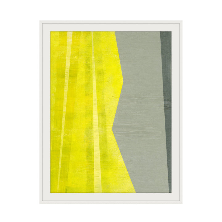 Neon Dreams QR-21812.YELLOWGREY.0 by CuratedKravet CuratedKravet "Neon Dreams" is a lime green-yellow geometric perspective. Featuring a 2-inch lipped white double frame. Made to order in the USA. United States </p><p>Dimensions: Length 30, Height 40, Width 2.375 Canvas - 75%, Wood - 25% - Fabric Carolina -