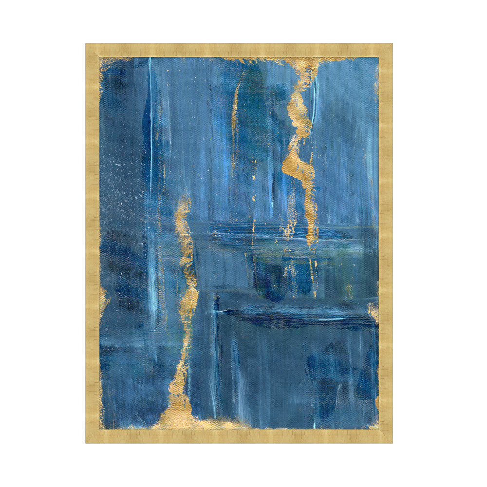 Lightning Sky 1 QR-21814.BLUEGOLD.0 by CuratedKravet CuratedKravet "Lightning Sky 1" is a blue textured acrylic background with elements of gold splattered and stroked throughout. Featuring a gold leaf square frame. United States </p><p>Dimensions: Length 33, Height 43, Width 1.5 Canvas - 75%, Wood - 25% - Fabric Carolina -