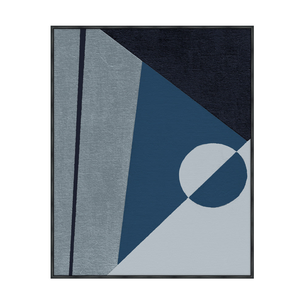 Half Moon Point 1 QR-21828.BLUEGREY.0 by CuratedKravet CuratedKravet "Half Moon Point 1" is a contemporary piece, representing an abstract study in blue geometrics. Hand embellished Giclee print on archival canvas in a black floater frame. Made to order in the USA United States </p><p>Dimensions: Length 29, Height 36, Width 2 Canvas - 90%, Wood - 10% - Fabric Carolina -