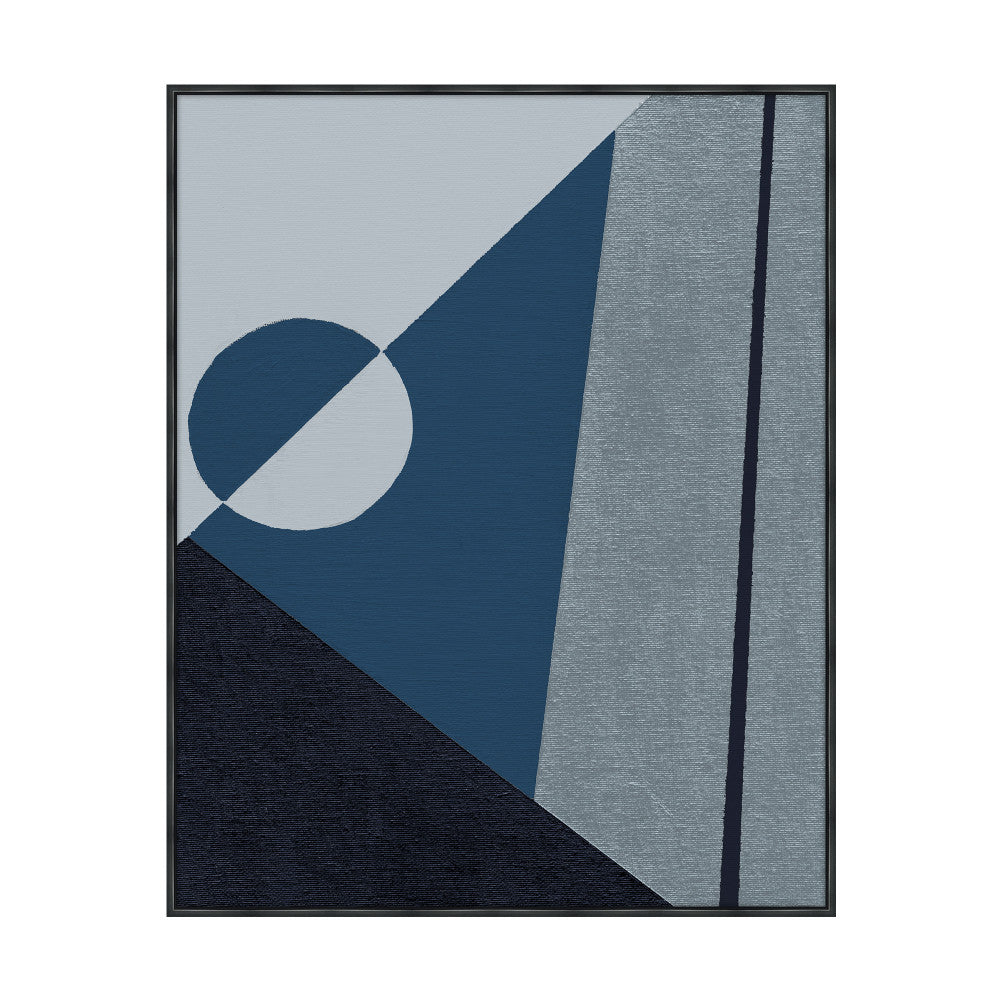 Half Moon Point 2 QR-21829.BLUEGREY.0 by CuratedKravet CuratedKravet "Half Moon Point 2" is a contemporary piece, representing an abstract study in blue geometrics. Hand embellished Giclee print on archival canvas in a black floater frame. Made to order in the USA. United States </p><p>Dimensions: Length 29, Height 36, Width 2 Canvas - 90%, Wood - 10% - Fabric Carolina -
