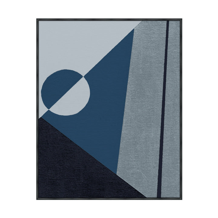 Half Moon Point 2 QR-21829.BLUEGREY.0 by CuratedKravet CuratedKravet "Half Moon Point 2" is a contemporary piece, representing an abstract study in blue geometrics. Hand embellished Giclee print on archival canvas in a black floater frame. Made to order in the USA. United States </p><p>Dimensions: Length 29, Height 36, Width 2 Canvas - 90%, Wood - 10% - Fabric Carolina -