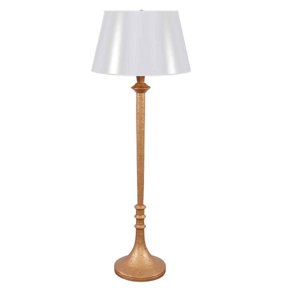Reynolds Floor Lamp, White Shade QR-21838.GOLDWHT.0 by CuratedKravet CuratedKravet A resin floor lamp featuring a unique gold textured finish. Topped with a white paper empire shade. United States </p><p>Dimensions: Length 22, Height 61, Width 22 Poly Resin - 70%, Paper - 30% - Fabric Carolina -