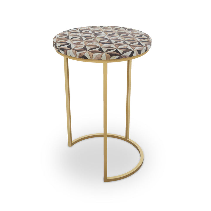 Troy Table, Half Moon QR-21891.HMBRASS.0 by CuratedKravet CuratedKravet Mosaic wood table top with metal base. India </p><p>Dimensions: Length 16, Height 23, Width 16 - Fabric Carolina -