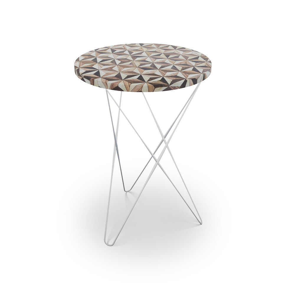 Troy Table, Hairpin QR-21891.HPNICKEL.0 by CuratedKravet CuratedKravet Mosaic wood table top with metal base. India </p><p>Dimensions: Length 16, Height 23, Width 16 - Fabric Carolina -