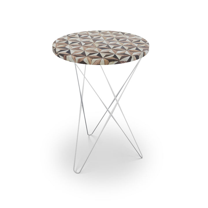Troy Table, Hairpin QR-21891.HPNICKEL.0 by CuratedKravet CuratedKravet Mosaic wood table top with metal base. India </p><p>Dimensions: Length 16, Height 23, Width 16 - Fabric Carolina -