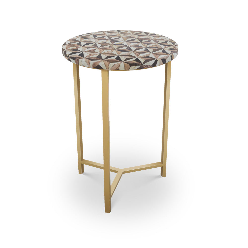 Troy Table, Tri-Leg QR-21891.TLBRASS.0 by CuratedKravet CuratedKravet Mosaic wood table top with metal base. India </p><p>Dimensions: Length 16, Height 23, Width 16 - Fabric Carolina -