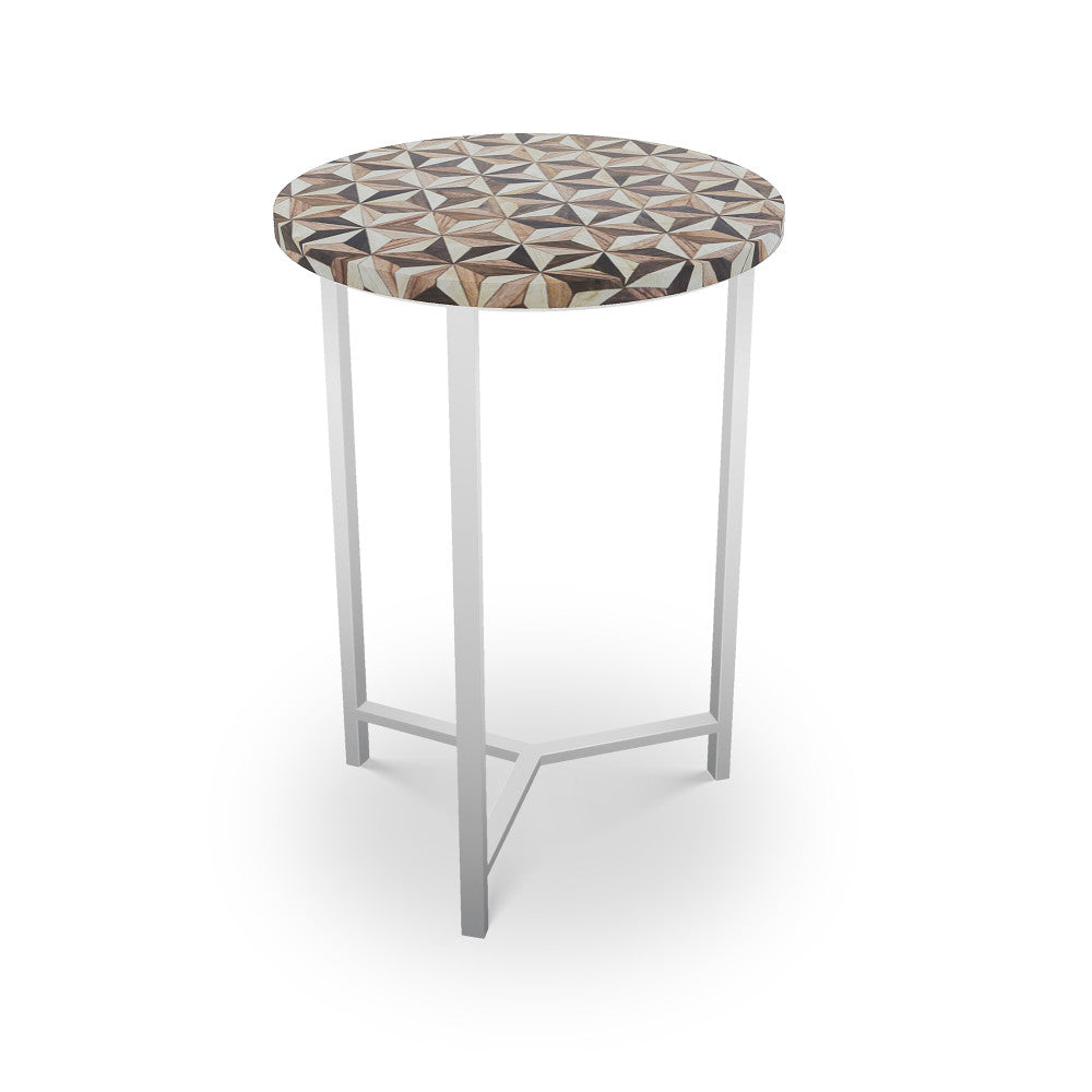 Troy Table, Tri-Leg QR-21891.TLNICKEL.0 by CuratedKravet CuratedKravet Mosaic wood table top with metal base. India </p><p>Dimensions: Length 16, Height 23, Width 16 - Fabric Carolina -