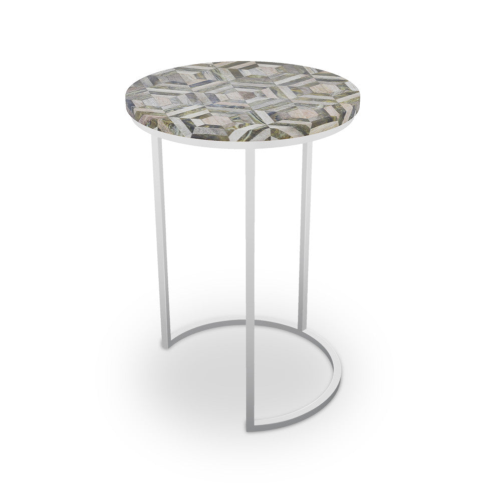 Culver Table, Half Moon QR-21892.HMNICKEL.0 by CuratedKravet CuratedKravet Mosaic wood top with metal base. India </p><p>Dimensions: Length 16, Height 23, Width 16 - Fabric Carolina -