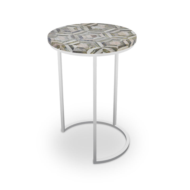 Culver Table, Half Moon QR-21892.HMNICKEL.0 by CuratedKravet CuratedKravet Mosaic wood top with metal base. India </p><p>Dimensions: Length 16, Height 23, Width 16 - Fabric Carolina -