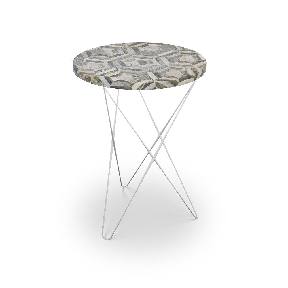 Culver Table, Hairpin QR-21892.HPNICKEL.0 by CuratedKravet CuratedKravet Mosaic wood top with metal base. India </p><p>Dimensions: Length 16, Height 23, Width 16 - Fabric Carolina -