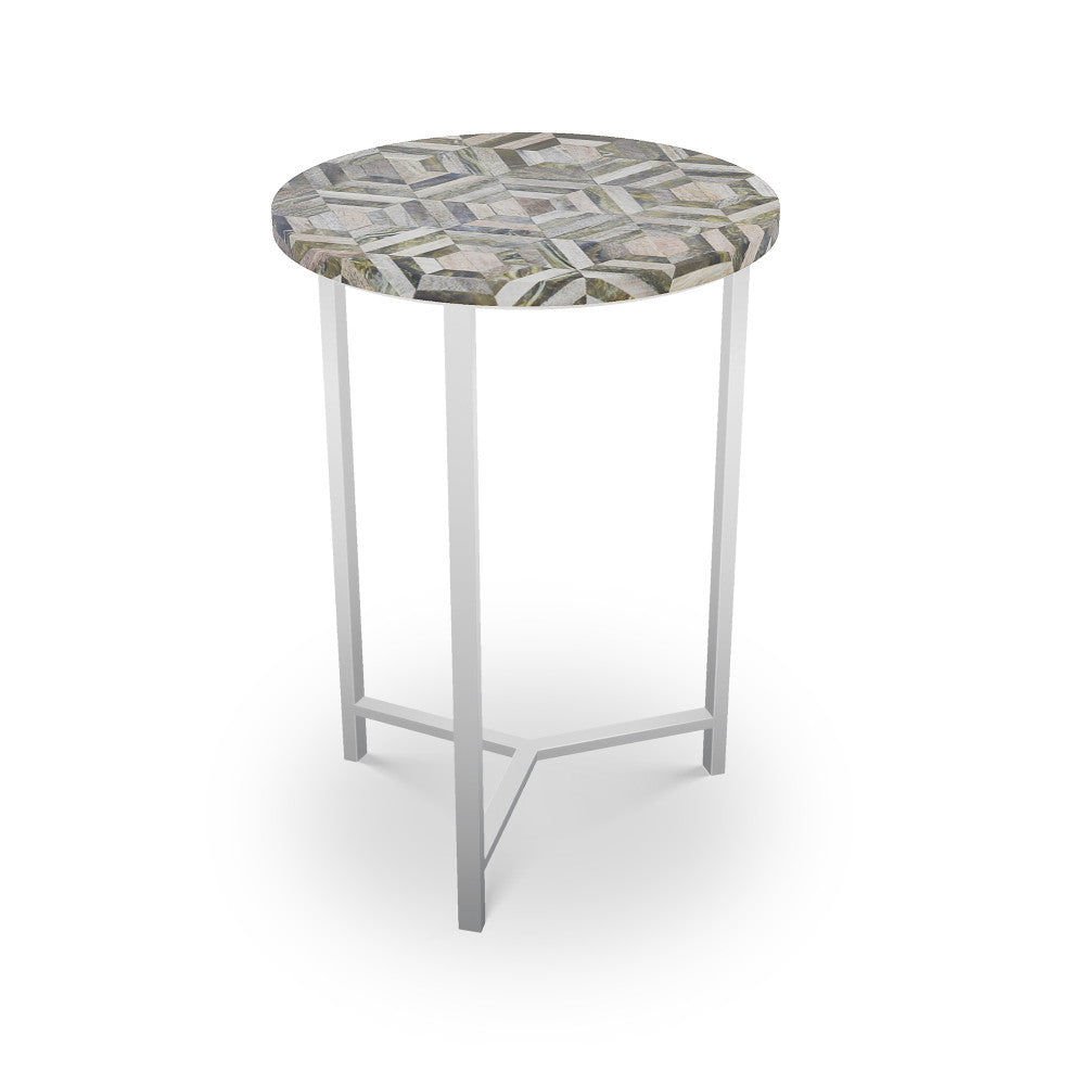 Culver Table, Tri-Leg QR-21892.TLNICKEL.0 by CuratedKravet CuratedKravet Mosaic wood top with metal base. India </p><p>Dimensions: Length 16, Height 23, Width 16 - Fabric Carolina -