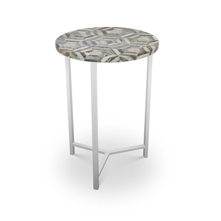 Culver Table, Tri-Leg QR-21892.TLNICKEL.0 by CuratedKravet CuratedKravet Mosaic wood top with metal base. India </p><p>Dimensions: Length 16, Height 23, Width 16 - Fabric Carolina -