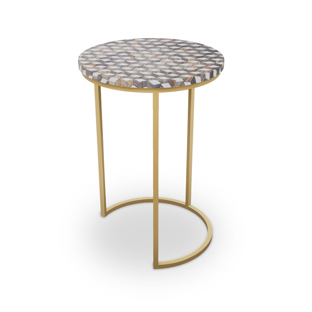 Griffith Table, Half Moon QR-21893.HMBRASS.0 by CuratedKravet CuratedKravet Mosaic wood table with metal base. India </p><p>Dimensions: Length 16, Height 23, Width 16 - Fabric Carolina -