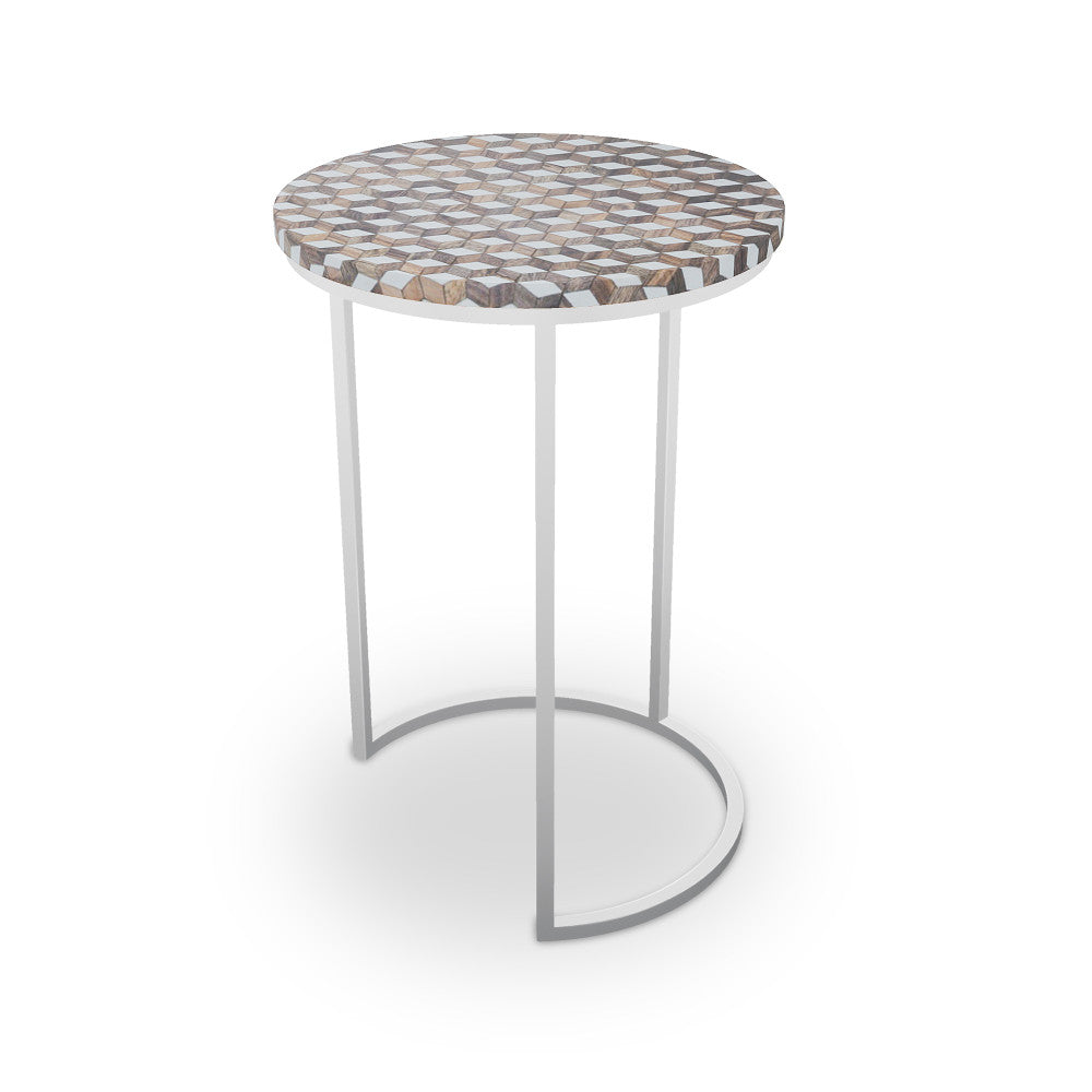 Griffith Table, Half Moon QR-21893.HMNICKEL.0 by CuratedKravet CuratedKravet Mosaic wood table with metal base. India </p><p>Dimensions: Length 16, Height 23, Width 16 - Fabric Carolina -