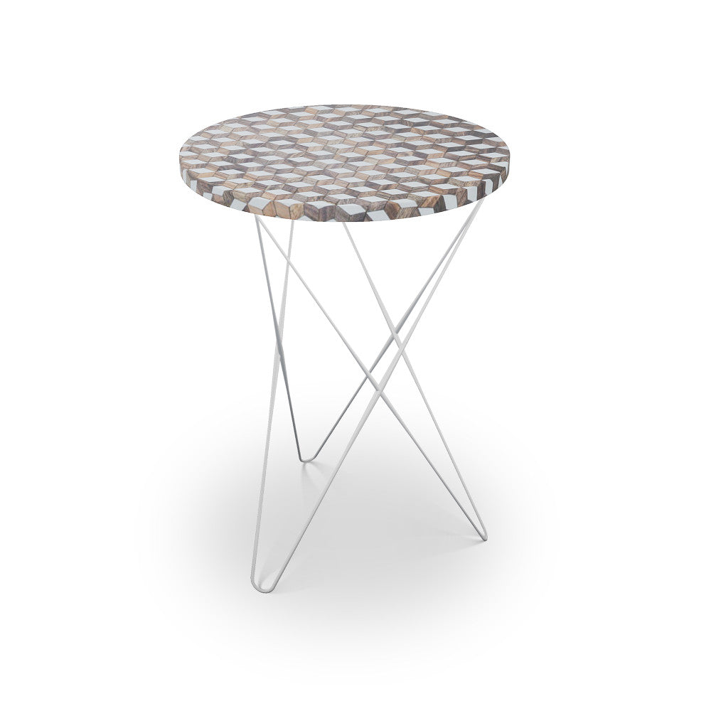 Griffith Table, Hairpin QR-21893.HPNICKEL.0 by CuratedKravet CuratedKravet Mosaic wood table with metal base. India </p><p>Dimensions: Length 16, Height 23, Width 16 - Fabric Carolina -