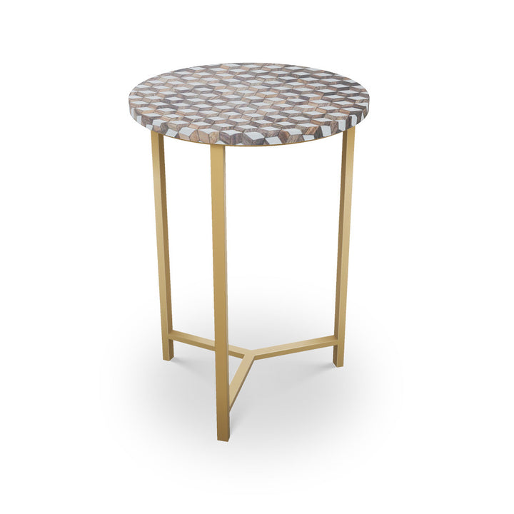 Griffith Table, Tri-Leg QR-21893.TLBRASS.0 by CuratedKravet CuratedKravet Mosaic wood table with metal base. India </p><p>Dimensions: Length 16, Height 23, Width 16 - Fabric Carolina -