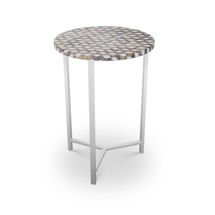 Griffith Table, Tri-Leg QR-21893.TLNICKEL.0 by CuratedKravet CuratedKravet Mosaic wood table with metal base. India </p><p>Dimensions: Length 16, Height 23, Width 16 - Fabric Carolina -