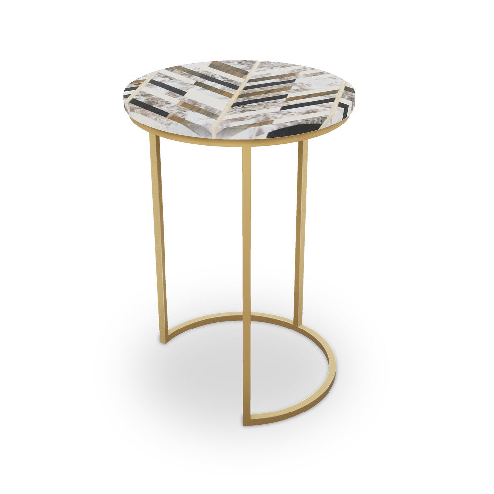 Monmouth Table, Half Moon QR-21894.HMBRASS.0 by CuratedKravet CuratedKravet Mosaic table top with metal base. India </p><p>Dimensions: Length 16, Height 23, Width 16 - Fabric Carolina -