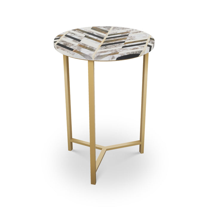 Monmouth Table, Tri-Leg QR-21894.TLBRASS.0 by CuratedKravet CuratedKravet Mosaic table top with metal base. India </p><p>Dimensions: Length 16, Height 23, Width 16 - Fabric Carolina -