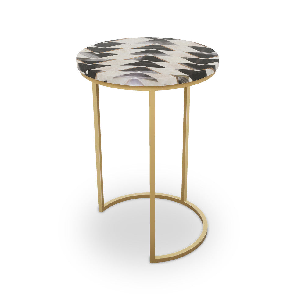 Prescott Table, Half Moon QR-21895.HMBRASS.0 by CuratedKravet CuratedKravet Mosaic table top with metal base. India </p><p>Dimensions: Length 16, Height 23, Width 16 - Fabric Carolina -