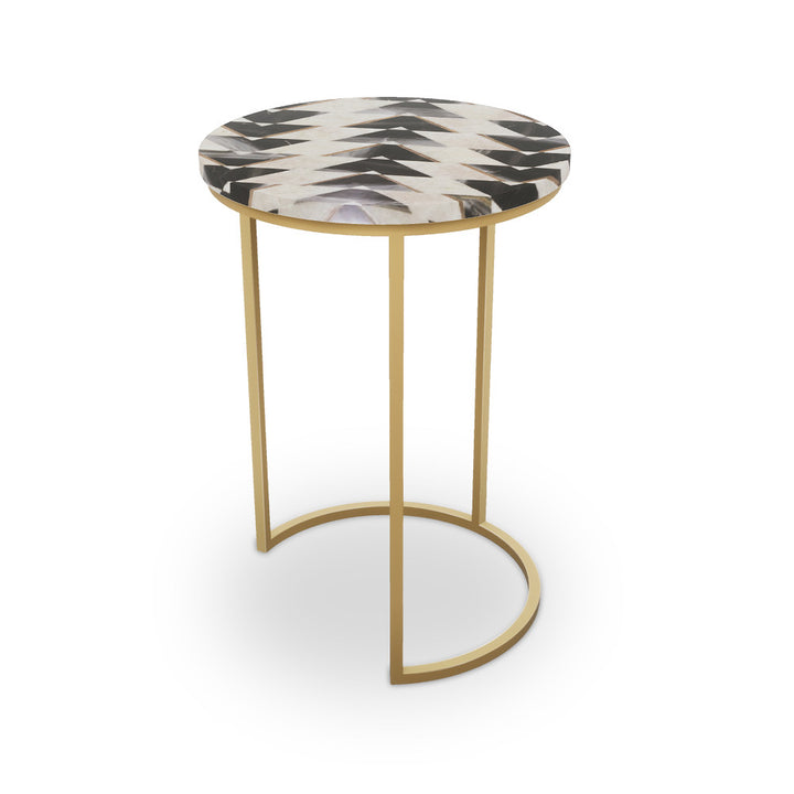 Prescott Table, Half Moon QR-21895.HMBRASS.0 by CuratedKravet CuratedKravet Mosaic table top with metal base. India </p><p>Dimensions: Length 16, Height 23, Width 16 - Fabric Carolina -