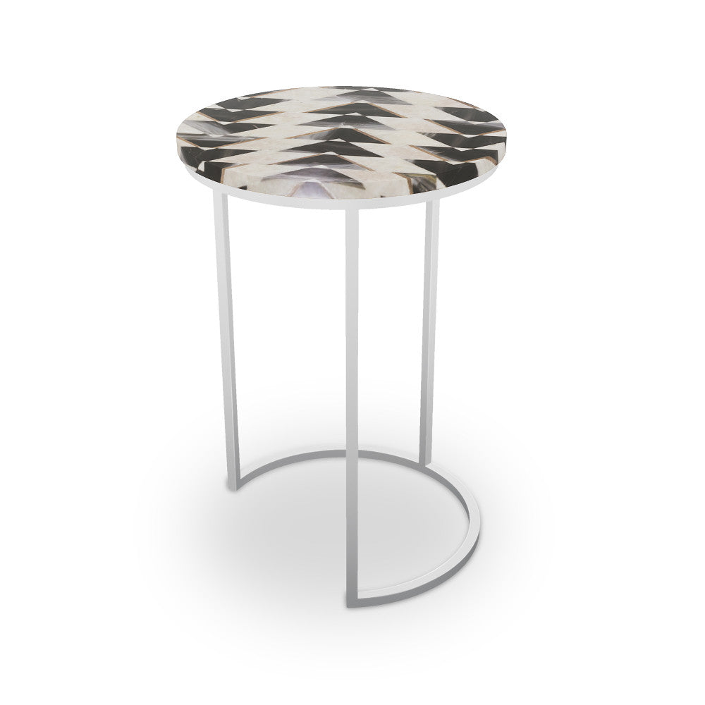 Prescott Table, Half Moon QR-21895.HMNICKEL.0 by CuratedKravet CuratedKravet Mosaic table top with metal base. India </p><p>Dimensions: Length 16, Height 23, Width 16 - Fabric Carolina -