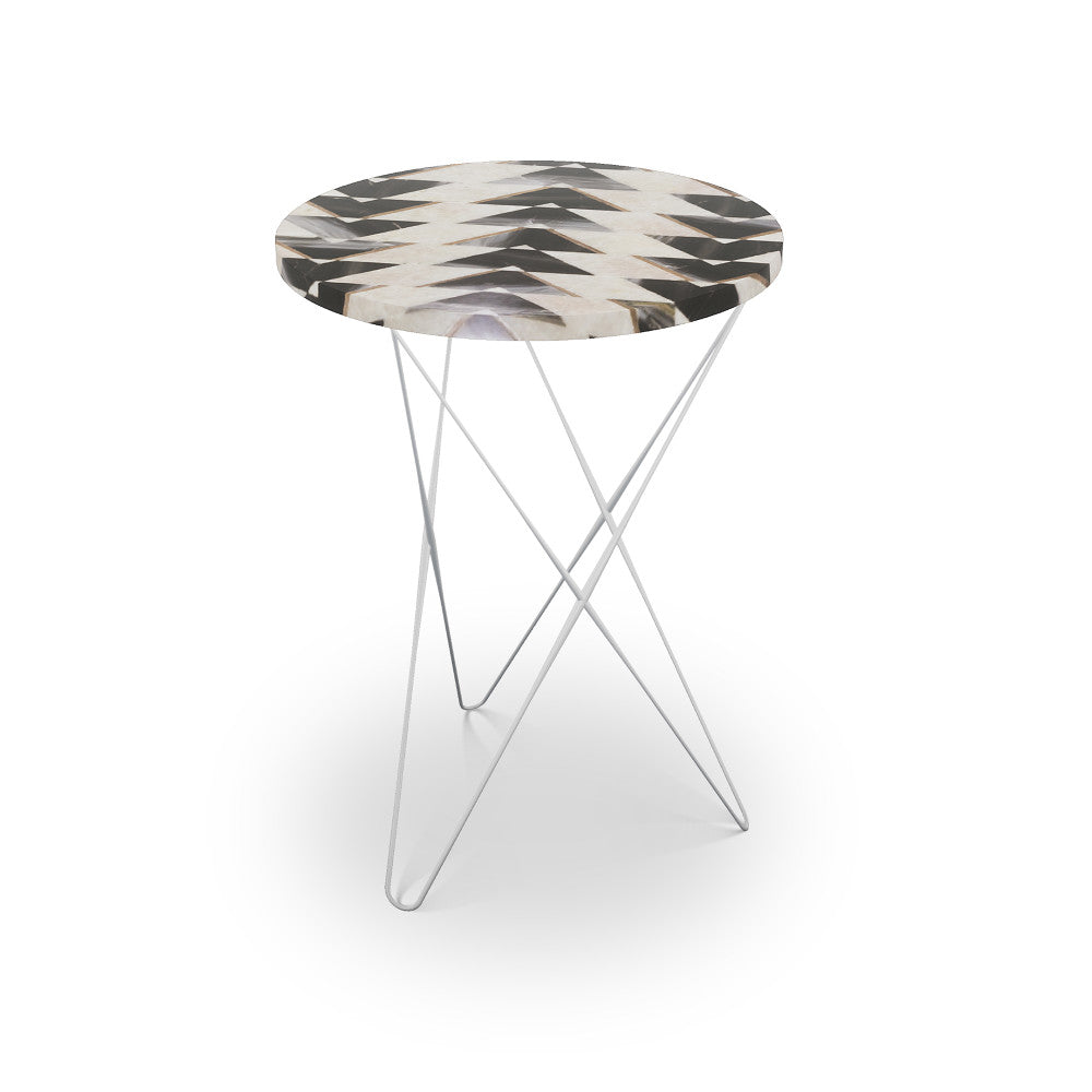 Prescott Table, Hairpin QR-21895.HPNICKEL.0 by CuratedKravet CuratedKravet Mosaic table top with metal base. India </p><p>Dimensions: Length 16, Height 23, Width 16 - Fabric Carolina -