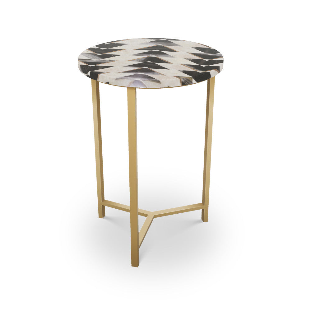 Prescott Table, Tri-Leg QR-21895.TLBRASS.0 by CuratedKravet CuratedKravet Mosaic table top with metal base. India </p><p>Dimensions: Length 16, Height 23, Width 16 - Fabric Carolina -