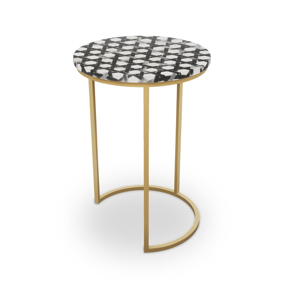 Provost Table, Half Moon QR-21897.HMBRASS.0 by CuratedKravet CuratedKravet Mosaic table top with metal base. India </p><p>Dimensions: Length 16, Height 23, Width 16 - Fabric Carolina -