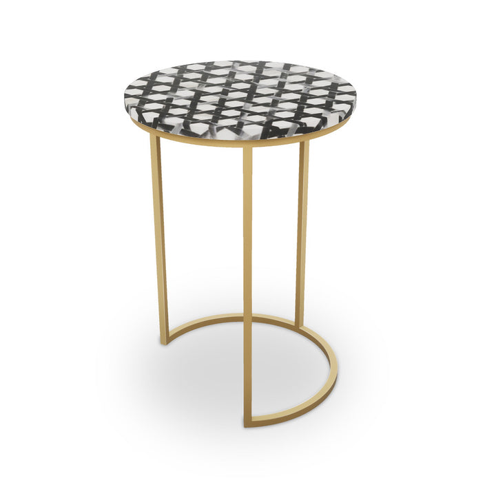 Provost Table, Half Moon QR-21897.HMBRASS.0 by CuratedKravet CuratedKravet Mosaic table top with metal base. India </p><p>Dimensions: Length 16, Height 23, Width 16 - Fabric Carolina -