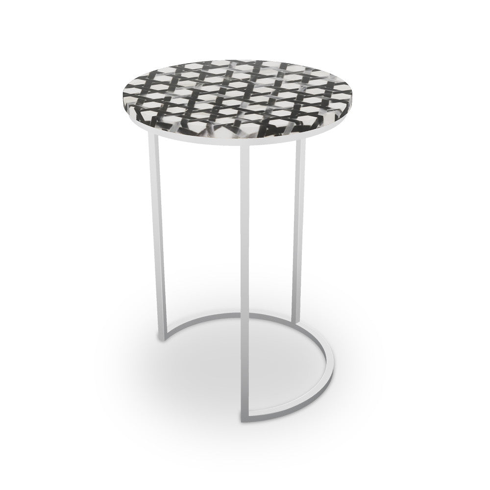 Provost Table, Half Moon QR-21897.HMNICKEL.0 by CuratedKravet CuratedKravet Mosaic table top with metal base. India </p><p>Dimensions: Length 16, Height 23, Width 16 - Fabric Carolina -