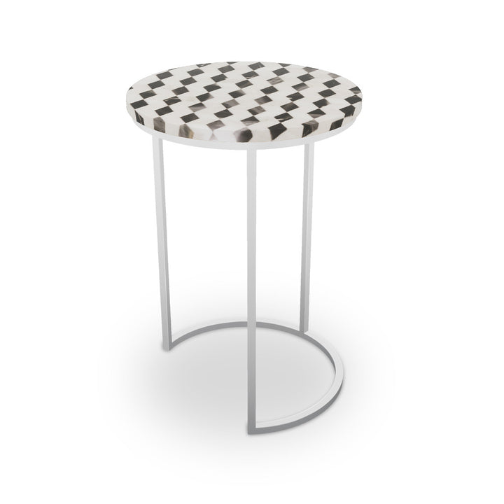 Ludlow Table, Half Moon QR-21898.HMNICKEL.0 by CuratedKravet CuratedKravet Mosaic table top with metal base. India </p><p>Dimensions: Length 16, Height 23, Width 16 - Fabric Carolina -