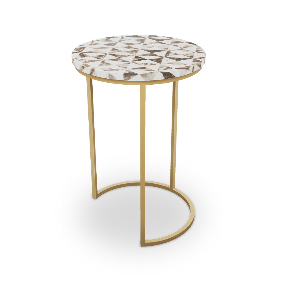 Pavonia Table, Half Moon QR-21899.HMBRASS.0 by CuratedKravet CuratedKravet Mosaic table top with metal base. India </p><p>Dimensions: Length 16, Height 23, Width 16 - Fabric Carolina -