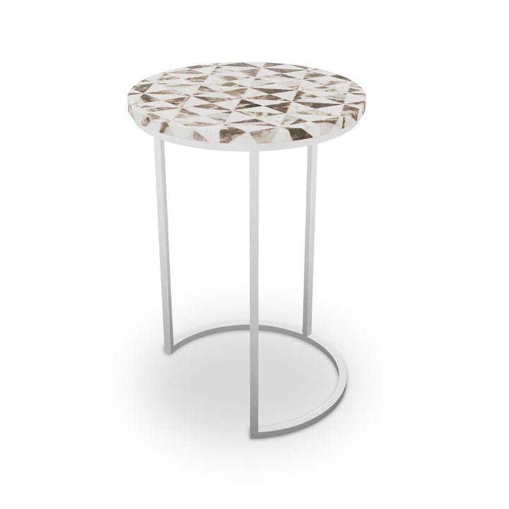 Pavonia Table, Half Moon QR-21899.HMNICKEL.0 by CuratedKravet CuratedKravet Mosaic table top with metal base. India </p><p>Dimensions: Length 16, Height 23, Width 16 - Fabric Carolina -