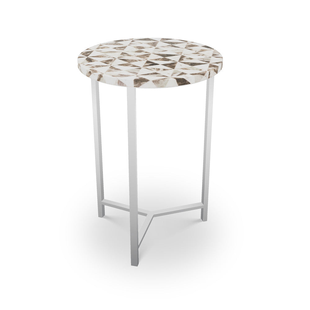Pavonia Table, Tri-Leg QR-21899.TLNICKEL.0 by CuratedKravet CuratedKravet Mosaic table top with metal base. India </p><p>Dimensions: Length 16, Height 23, Width 16 - Fabric Carolina -