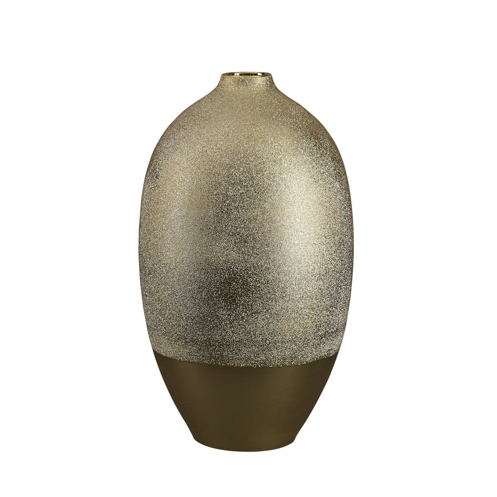 Ebersole Vase QR-21909.GOLD.0 by CuratedKravet CuratedKravet A stunning porcelain vase of scale in an elegant golden metallic glaze. China </p><p>Dimensions: Length 9.5, Height 17, Width 9.5 Porcelain - 100% - Fabric Carolina -