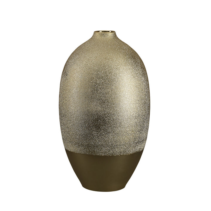 Ebersole Vase QR-21909.GOLD.0 by CuratedKravet CuratedKravet A stunning porcelain vase of scale in an elegant golden metallic glaze. China </p><p>Dimensions: Length 9.5, Height 17, Width 9.5 Porcelain - 100% - Fabric Carolina -