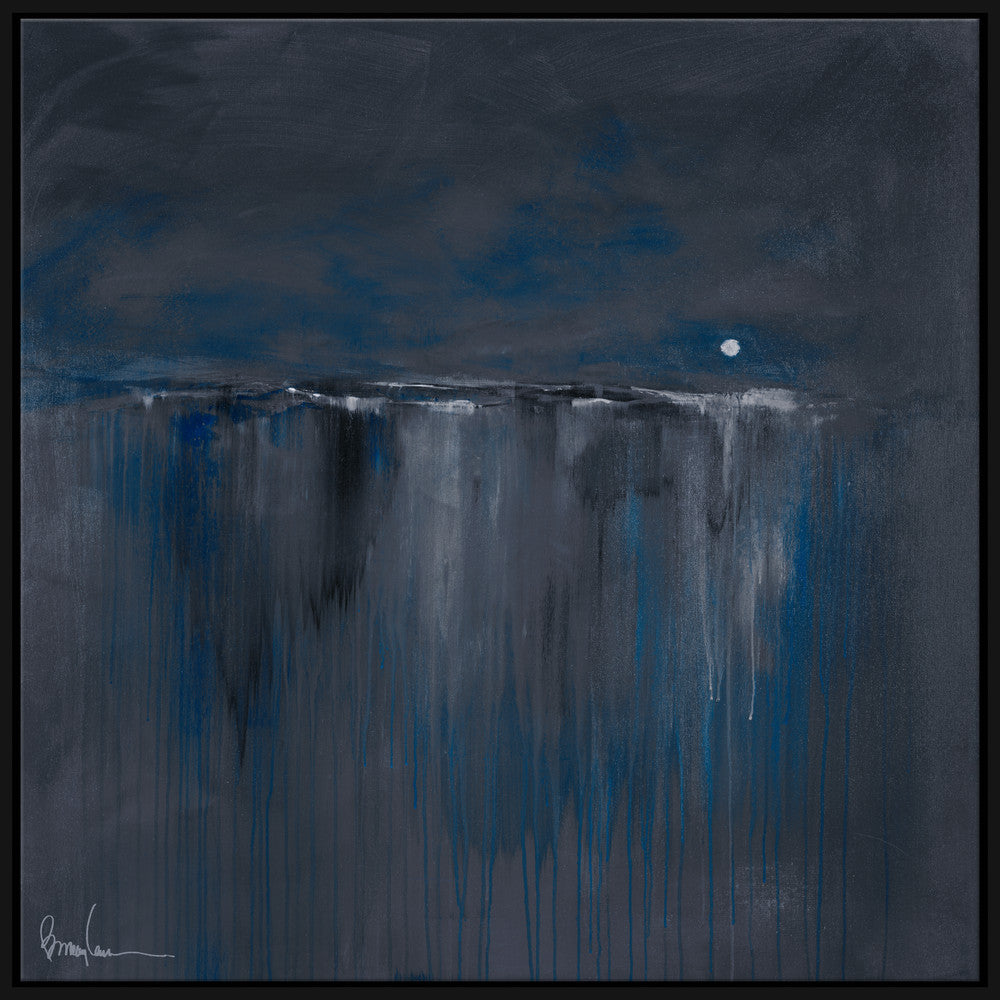 One Paper Moon, Small QR-21929.BLUEBLK.0 by CuratedKravet CuratedKravet Barry Lantz for Curated Kravet framed reproduction archival giclee print on canvas and framed in floater frame. Made to order in the USA. Each framed giclee comes with certificate of authenticity signed by Barry Lantz. United States </p><p>Dimensions: Length 37.5, Height 37.5, Width Canvas - 75%, Wood - 25% - Fabric Carolina -