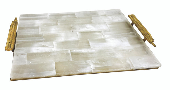 Olinda Tray QR-21961.WHTBRSS.0 by CuratedKravet CuratedKravet A selenite tray with matte brass handles. Due to the use of natural materials, variation is to be expected. India DUST LIGHTLY WITH A SOFT, DRY CLOTH. </p><p>Dimensions: Length 14, Height , Width 9.5 Selenite - 90%, Brass - 10% - Fabric Carolina -