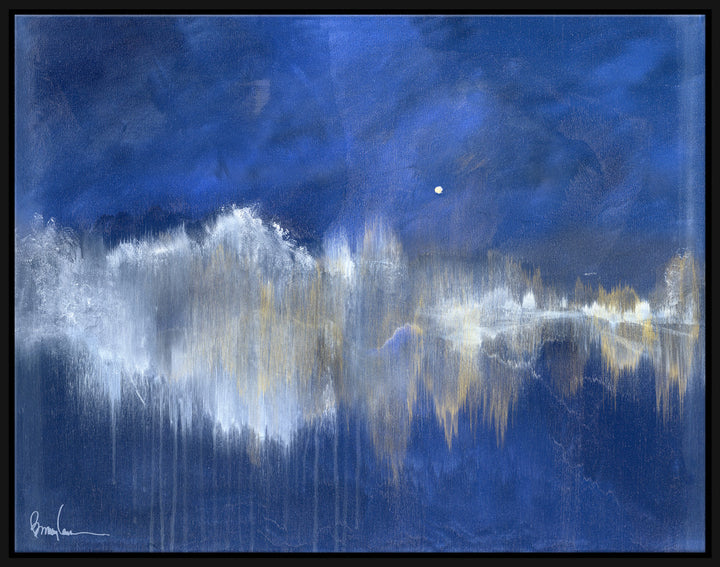 Winter Moon, Large QR-21971.BLUEBLK.0 by CuratedKravet CuratedKravet Barry Lantz for Curated Kravet framed reproduction archival giclee print on canvas and framed in floater frame. Made to order in the USA. Each framed giclee comes with certificate of authenticity signed by Barry Lantz. United States </p><p>Dimensions: Length 55.5, Height 43.5, Width Canvas - 75%, Wood - 25% - Fabric Carolina -