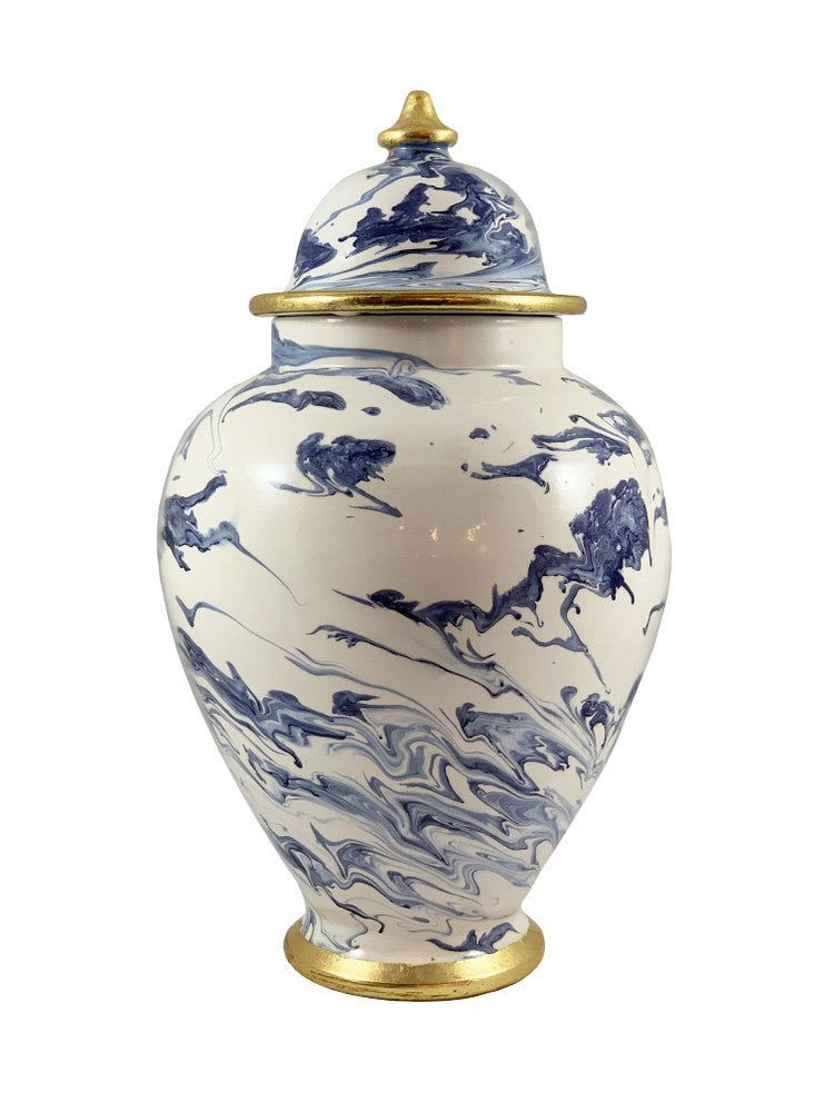 Veneto Lidded Jar QR-22011.NAVYGOLD.0 by CuratedKravet CuratedKravet A porcelain lidded jar featuring a swirled navy and white painted design, detailed with gold leafed accents on the lide and base. Due to the handmade nature of this vase, variation is to be expected. Italy DUST LIGHTLY WITH A SOFT, DRY CLOTH. </p><p>Dimensions: Length 9, Height 16, Width 9 Porcelain - 100% - Fabric Carolina -