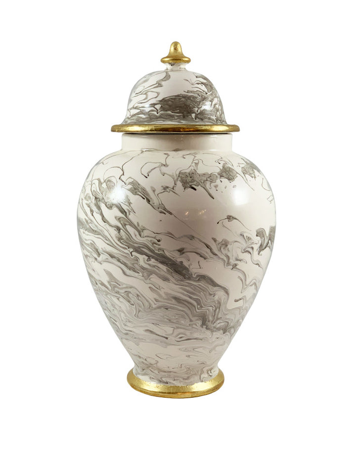 Veneto Lidded Jar QR-22011.SANDGOLD.0 by CuratedKravet CuratedKravet A porcelain lidded jar featuring a swirled beige and white painted design, detailed with gold leafed accents on the lide and base. Due to the handmade nature of this vase, variation is to be expected. Italy DUST LIGHTLY WITH A SOFT, DRY CLOTH. </p><p>Dimensions: Length 9, Height 16, Width 9 Porcelain - 100% - Fabric Carolina -