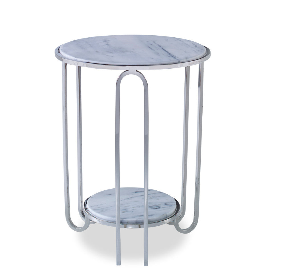 Longmont Side Table QR-22039.NCKLWHT.0 by CuratedKravet CuratedKravet A round metal accent table featuring a nickel finish and a white marble table top and lower shelf. Due to the use of natural materials, variation is to be expected. India DUST LIGHTLY WITH A SOFT, DRY CLOTH. </p><p>Dimensions: Length 18, Height 23.25, Width 18 - Fabric Carolina -