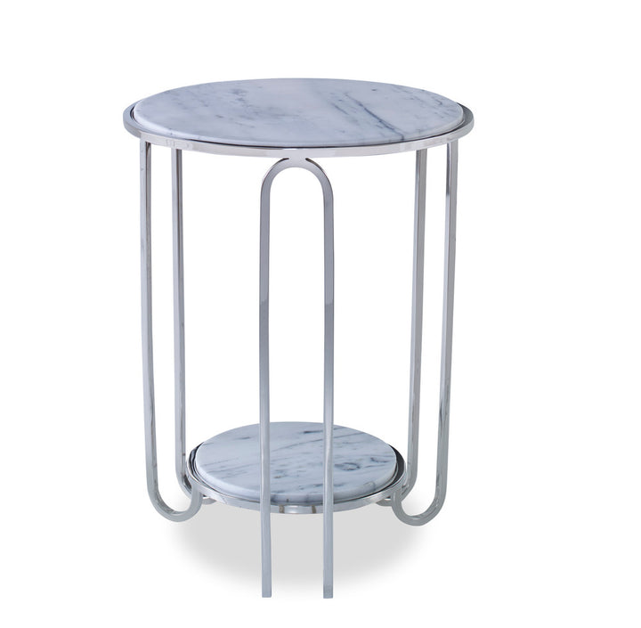 Longmont Side Table QR-22039.NCKLWHT.0 by CuratedKravet CuratedKravet A round metal accent table featuring a nickel finish and a white marble table top and lower shelf. Due to the use of natural materials, variation is to be expected. India DUST LIGHTLY WITH A SOFT, DRY CLOTH. </p><p>Dimensions: Length 18, Height 23.25, Width 18 - Fabric Carolina -