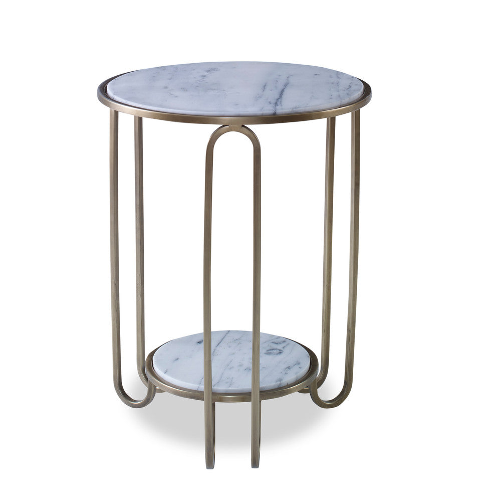Longmont Side Table QR-22040.BRSSWHT.0 by CuratedKravet CuratedKravet A round metal accent table featuring a brass finish and a white marble table top and lower shelf. Due to the use of natural materials, variation is to be expected. India DUST LIGHTLY WITH A SOFT, DRY CLOTH. </p><p>Dimensions: Length 18, Height 23.25, Width 18 - Fabric Carolina -