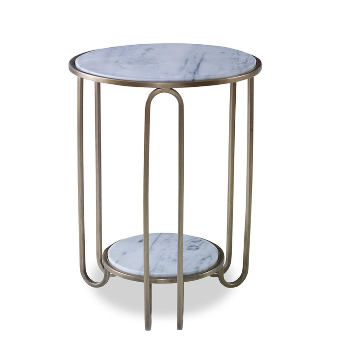 Longmont Side Table QR-22040.BRSSWHT.0 by CuratedKravet CuratedKravet A round metal accent table featuring a brass finish and a white marble table top and lower shelf. Due to the use of natural materials, variation is to be expected. India DUST LIGHTLY WITH A SOFT, DRY CLOTH. </p><p>Dimensions: Length 18, Height 23.25, Width 18 - Fabric Carolina -
